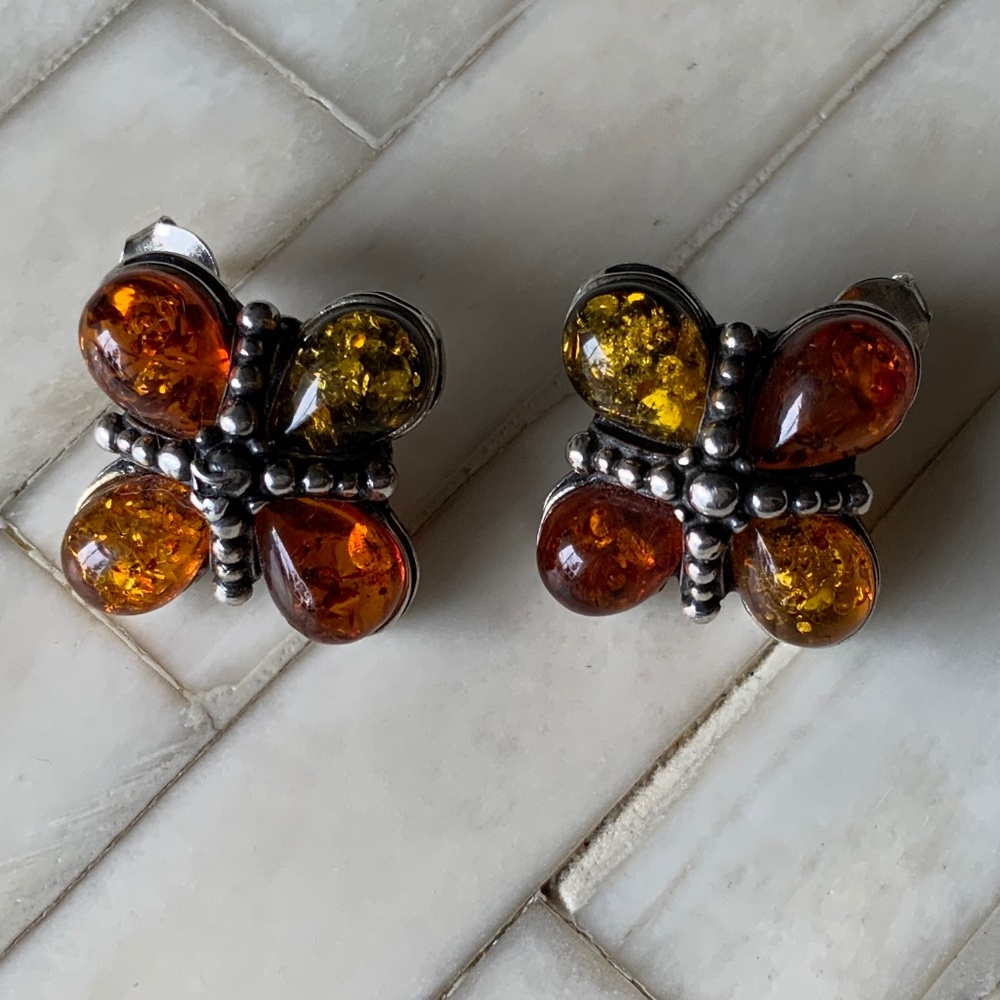Vintage Boho Antique Amber Stud Earrings – 925 Sterling Silver